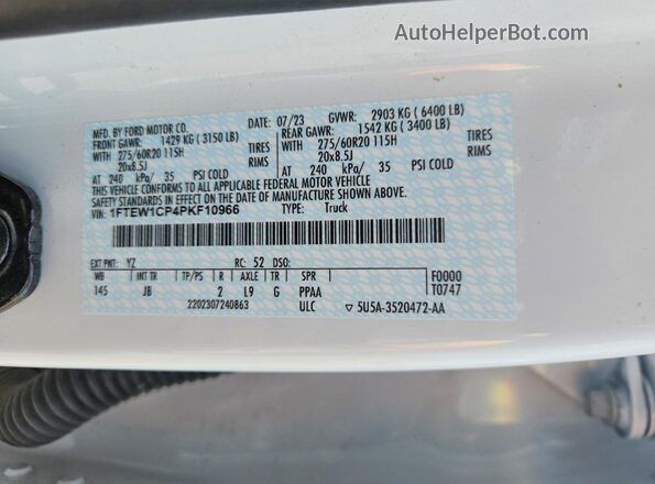 1FTEW1CP4PKF10966 2023 FORD F150 White VIN კოდის სტიკერის ხედი