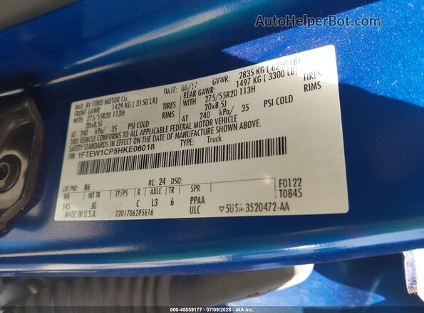 1FTEW1CP5HKE06018 2017 FORD F150 Blue Շարժիչի բաժամունքի տեսք