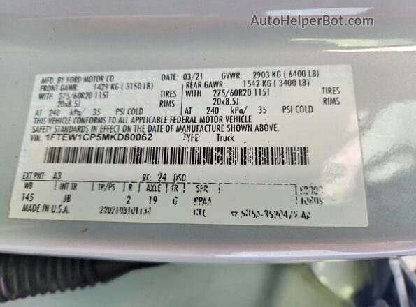 1FTEW1CP5MKD80062 2021 FORD F150 Silver Vista de la etiqueta del VIN