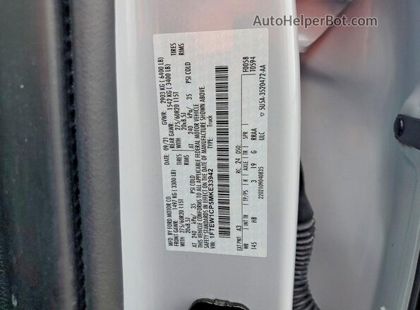 1FTEW1CP5MKE33942 2021 FORD F150 Белый Вид наклейки с VIN-кодом