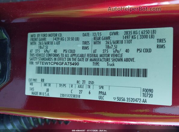 1FTEW1CP6GFA75490 2016 FORD F150 Red Вид підкапотного простору