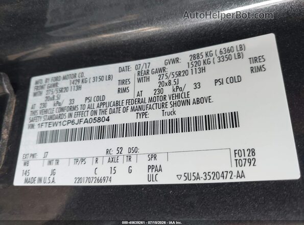 1FTEW1CP6JFA05804 2018 FORD F150 Gray ძრავის განყოფილების ხედი
