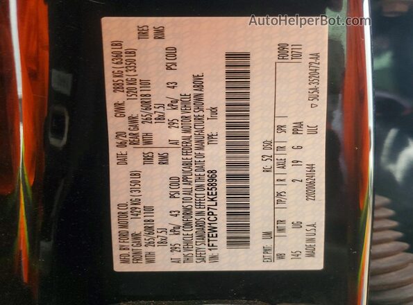 1FTEW1CP7LKE58968 2020 FORD F150 Black Widok naklejki z numerem VIN