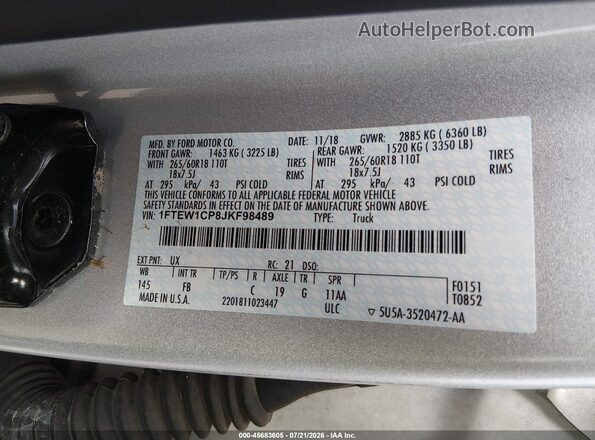 1FTEW1CP8JKF98489 2018 FORD F150 Silver Շարժիչի բաժամունքի տեսք
