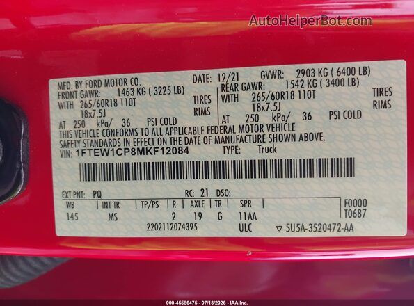 1FTEW1CP8MKF12084 2021 FORD F150 Red Շարժիչի բաժամունքի տեսք