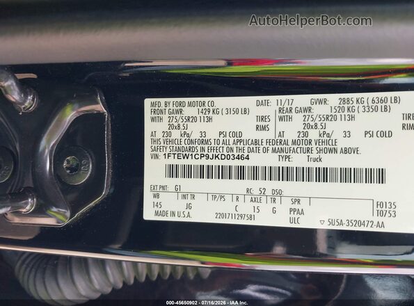 1FTEW1CP9JKD03464 2018 FORD F150 Black Vista del compartimento del motor