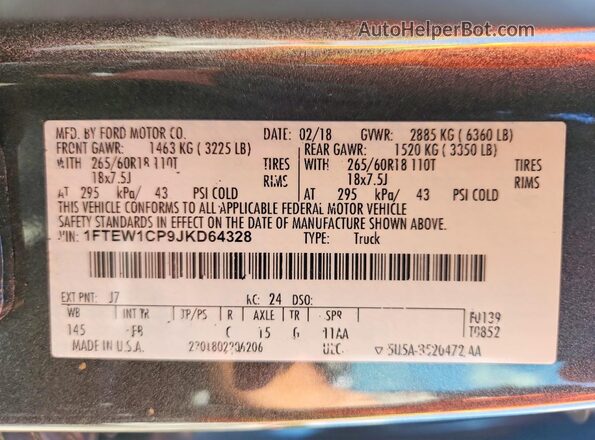 1FTEW1CP9JKD64328 2018 FORD F150 Gray VIN կոդի պիտակի տեսք