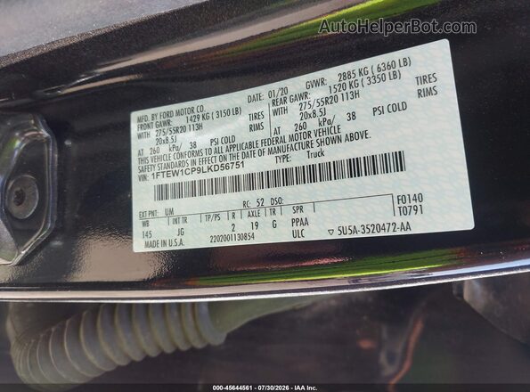 1FTEW1CP9LKD56751 2020 FORD F150 Black Widok komory silnika