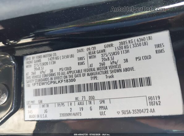 1FTEW1CP9LKF18300 2020 FORD F150 Black Vista del compartimento del motor