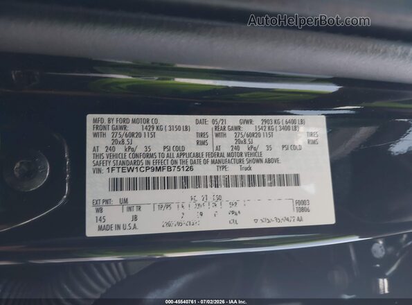 1FTEW1CP9MFB75126 2021 FORD F150 Черный Вид подкапотного пространства