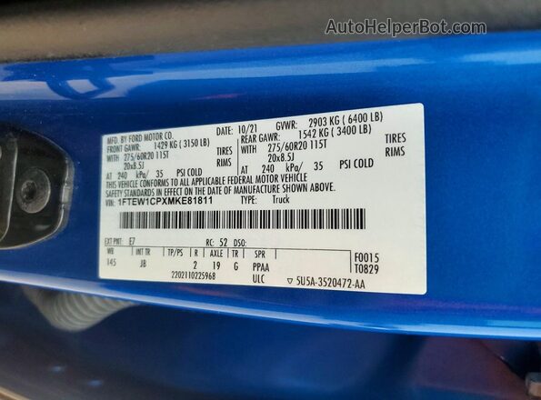 1FTEW1CPXMKE81811 2021 FORD F150 Синий Вид наклейки с VIN-кодом