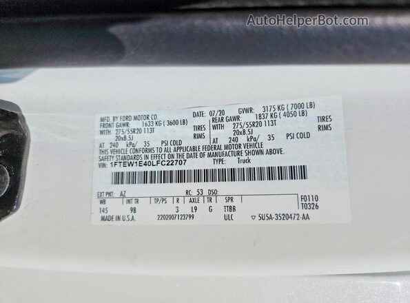 1FTEW1E40LFC22707 2020 FORD F150 White Շարժիչի բաժամունքի տեսք
