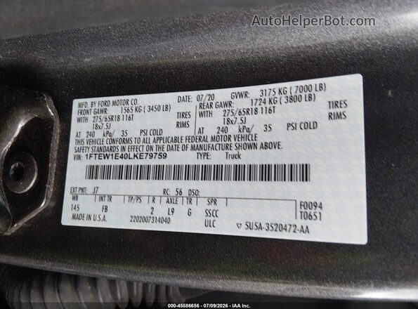 1FTEW1E40LKE79759 2020 FORD F150 Серый Вид подкапотного пространства
