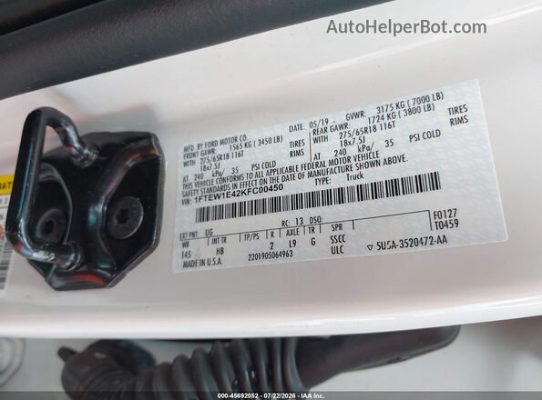 1FTEW1E42KFC00450 2019 FORD F150 White Вид підкапотного простору