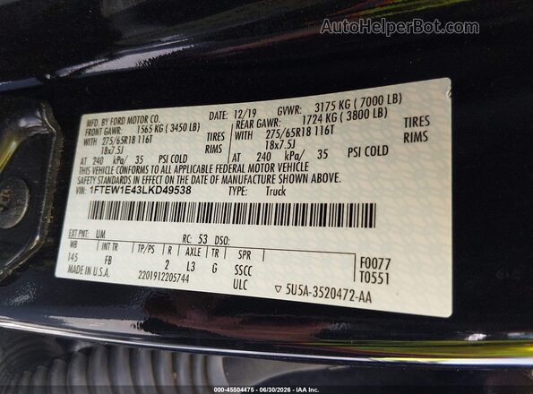 1FTEW1E43LKD49538 2020 FORD F150 Black Engine compartment view
