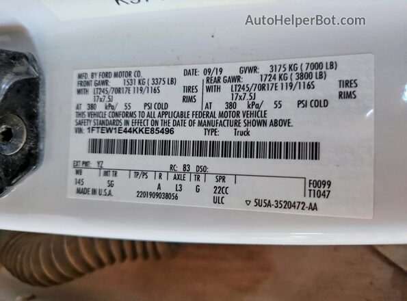 1FTEW1E44KKE85496 2019 FORD F150 Белый Вид подкапотного пространства
