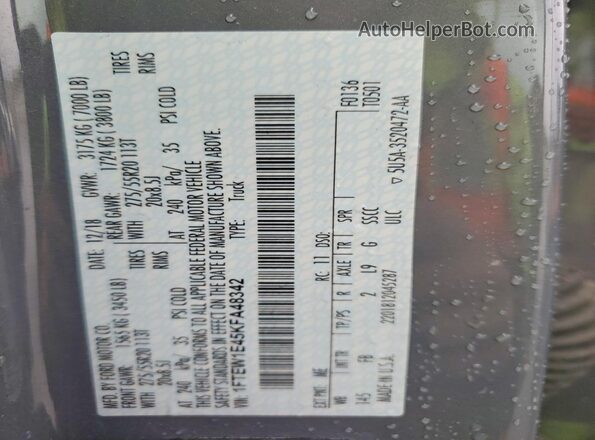 1FTEW1E45KFA48342 2019 FORD F150 Серый Вид наклейки с VIN-кодом