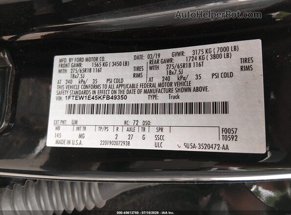 1FTEW1E45KFB49350 2019 FORD F150 Black Շարժիչի բաժամունքի տեսք