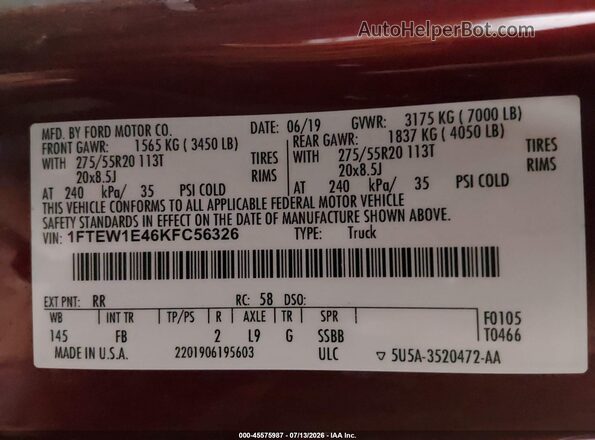 1FTEW1E46KFC56326 2019 FORD F150 Red Widok komory silnika