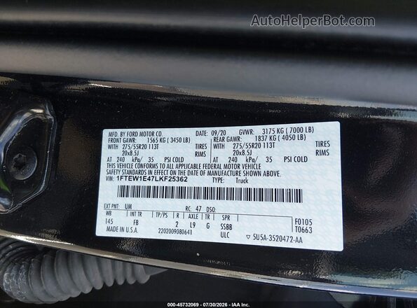 1FTEW1E47LKF25362 2020 FORD F150 Черный Вид подкапотного пространства