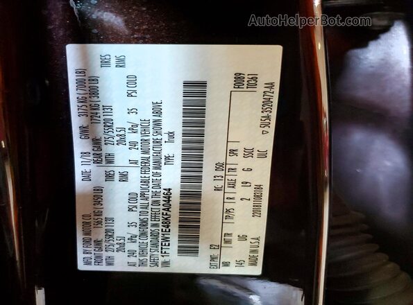 1FTEW1E48KFA04464 2019 FORD F150 Maroon VIN კოდის სტიკერის ხედი