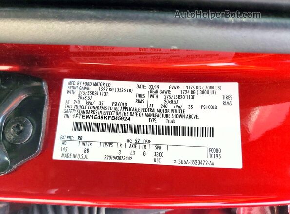 1FTEW1E48KFB45924 2019 FORD F150 Красный Вид наклейки с VIN-кодом