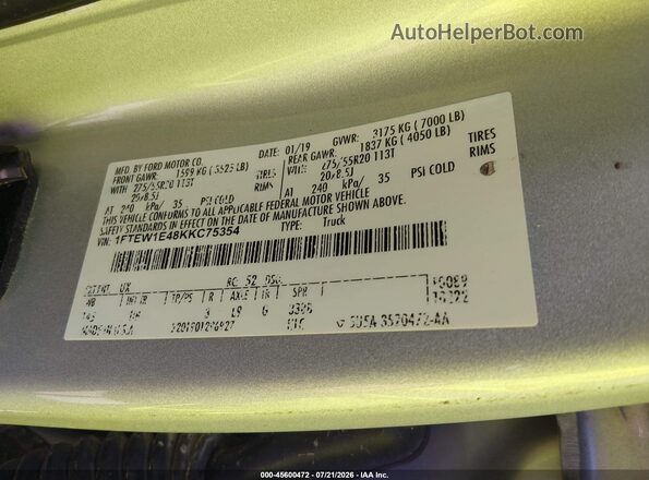 1FTEW1E48KKC75354 2019 FORD F150 Silver Vista del compartimento del motor