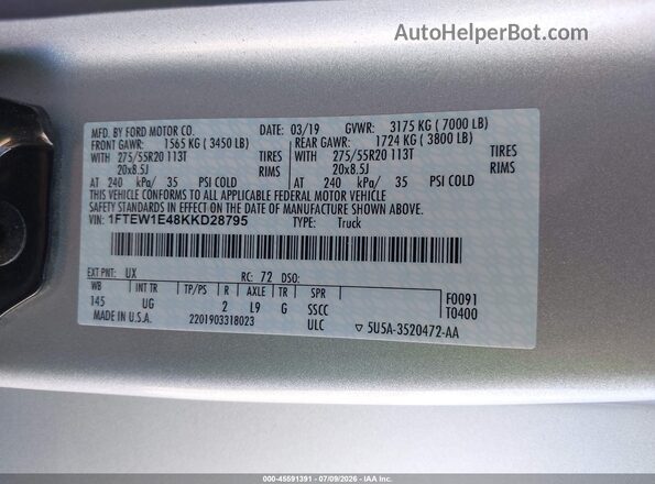 1FTEW1E48KKD28795 2019 FORD F150 Серебряный Вид подкапотного пространства