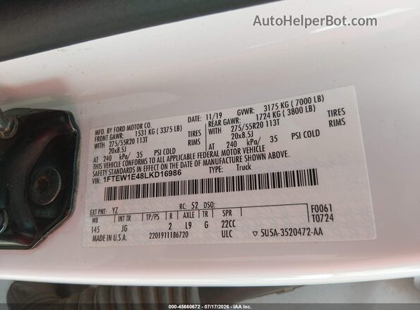 1FTEW1E48LKD16986 2020 FORD F150 White Widok komory silnika