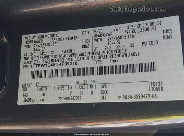 1FTEW1E48LKF09218 2020 FORD F150 Black Engine compartment view