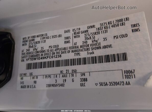1FTEW1E49KFC01238 2019 FORD F150 White Շարժիչի բաժամունքի տեսք