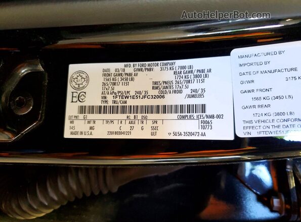 1FTEW1E51JFC32006 2018 FORD F150 Black Widok naklejki z numerem VIN