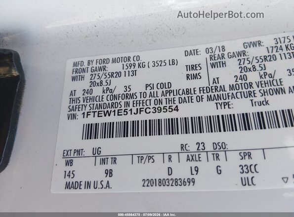 1FTEW1E51JFC39554 2018 FORD F150 White ძრავის განყოფილების ხედი