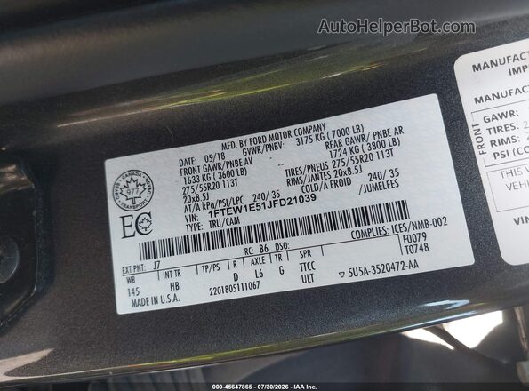 1FTEW1E51JFD21039 2018 FORD F150 Gray Շարժիչի բաժամունքի տեսք