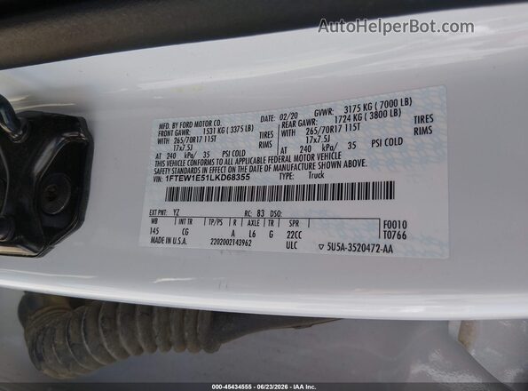 1FTEW1E51LKD68355 2020 FORD F150 Белый Вид подкапотного пространства