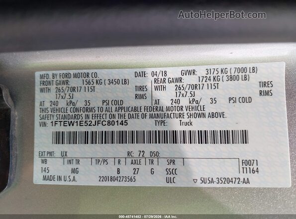 1FTEW1E52JFC80145 2018 FORD F150 Silver Widok komory silnika