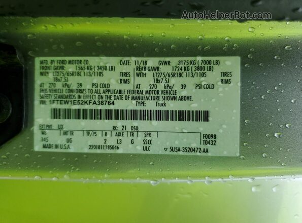 1FTEW1E52KFA38764 2019 FORD F150 Silver VIN sticker view