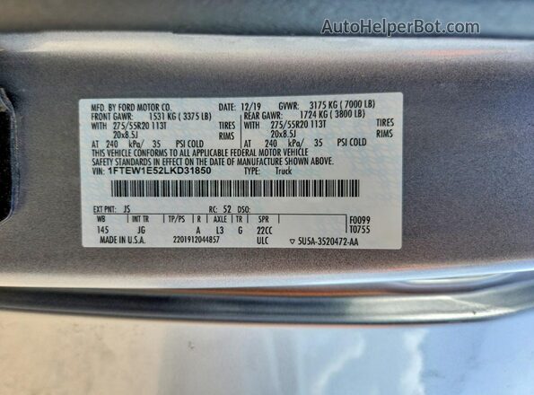 1FTEW1E52LKD31850 2020 FORD F150 Silver Շարժիչի բաժամունքի տեսք