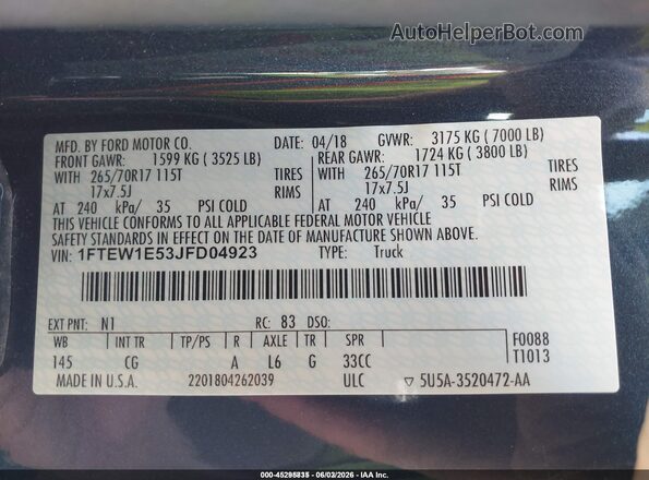 1FTEW1E53JFD04923 2018 FORD F150 Blue Vista del compartimento del motor