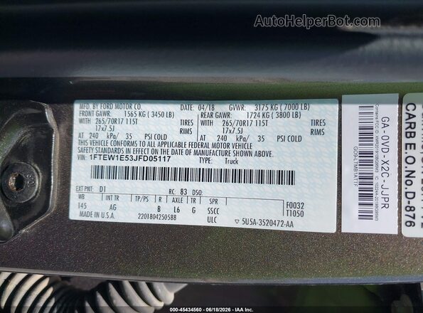 1FTEW1E53JFD05117 2018 FORD F150 Brown Vista del compartimento del motor