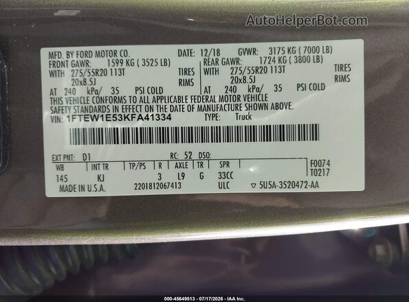 1FTEW1E53KFA41334 2019 FORD F150 Коричневый Вид подкапотного пространства