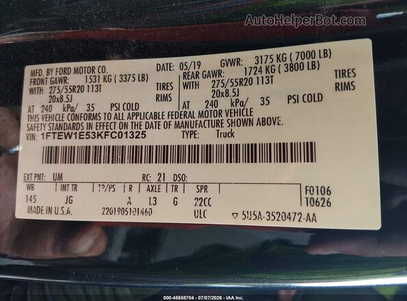 1FTEW1E53KFC01325 2019 FORD F150 Black Vista del compartimento del motor