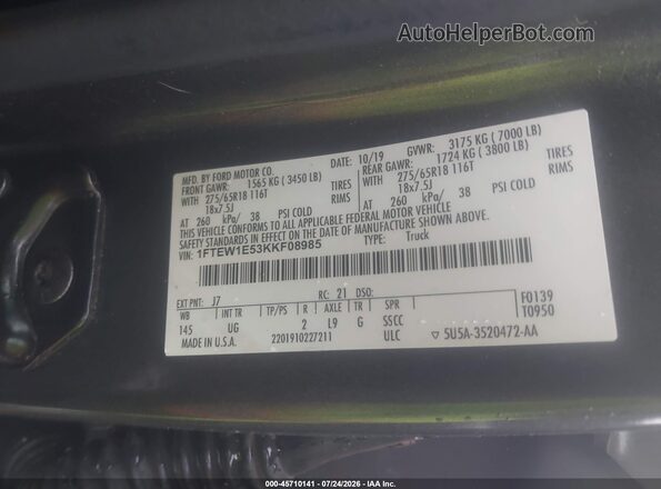 1FTEW1E53KKF08985 2019 FORD F150 Black ძრავის განყოფილების ხედი