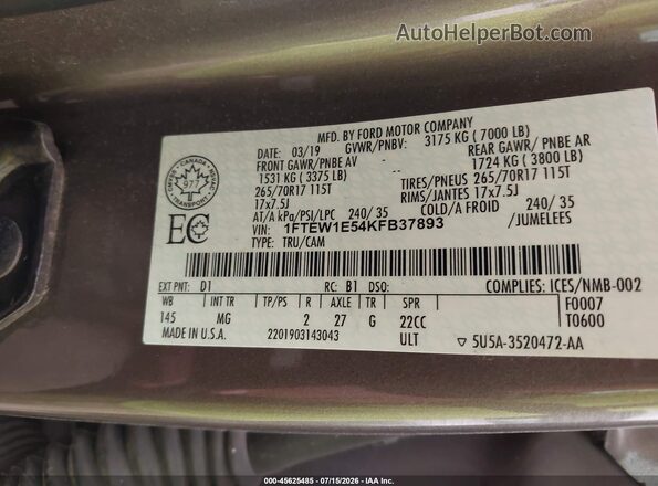 1FTEW1E54KFB37893 2019 FORD F150 Brown Շարժիչի բաժամունքի տեսք