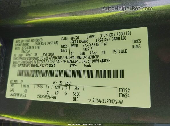 1FTEW1E54LFC71031 2020 FORD F150 Серый Вид подкапотного пространства