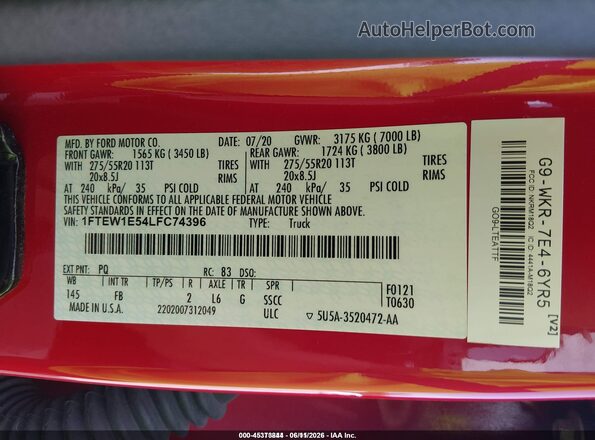 1FTEW1E54LFC74396 2020 FORD F150 Red ძრავის განყოფილების ხედი