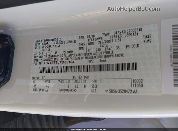 1FTEW1E55JFD05104 2018 FORD F150 Белый Вид подкапотного пространства