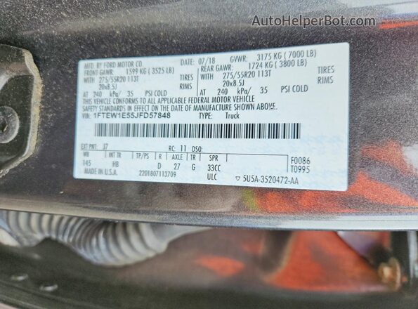 1FTEW1E55JFD57848 2018 FORD F150 Charcoal VIN կոդի պիտակի տեսք