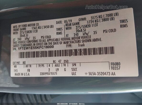 1FTEW1E55KFC18000 2019 FORD F150 Gray Widok komory silnika