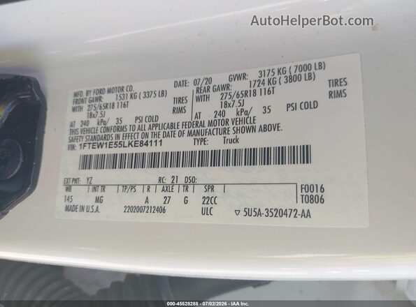 1FTEW1E55LKE84111 2020 FORD F150 White Widok komory silnika